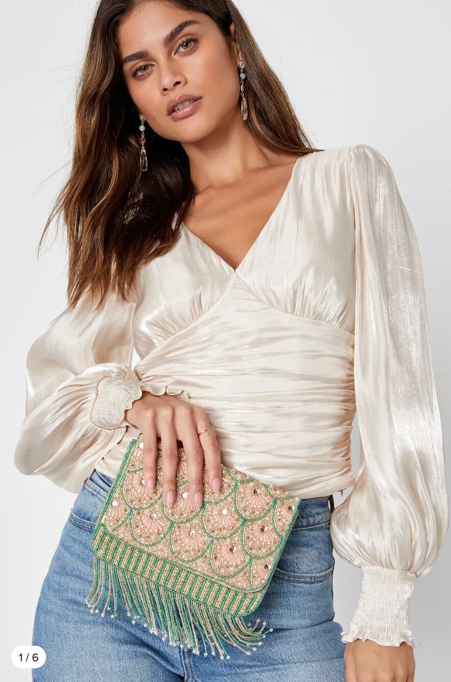 Lulus Womens M Cream Silky Ruched Blouse Long Sleeve Elegant